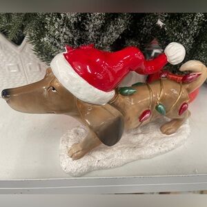 Christmas Santa Dachshund Dog with Lights Resin Tabletop Decor Statue NWT